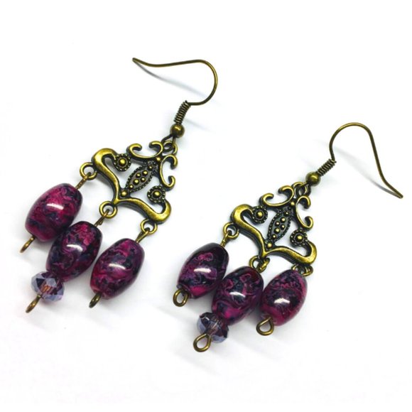 Purple Tiger Eye Antique Brass Chandelier Earrings - Picture 3 of 3